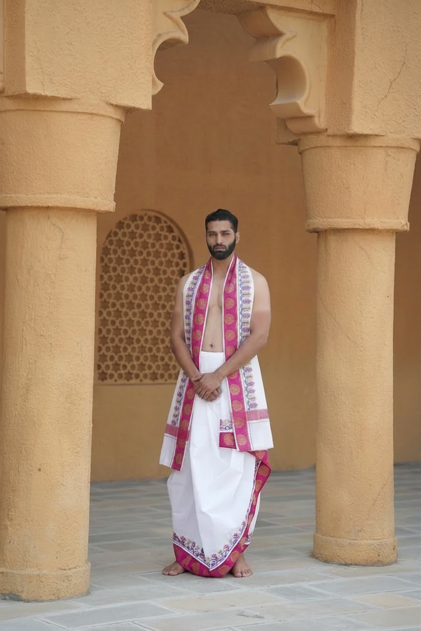 Man wearing a pink zari border & multicolor leaf weave white cotton dhoti with uparana
