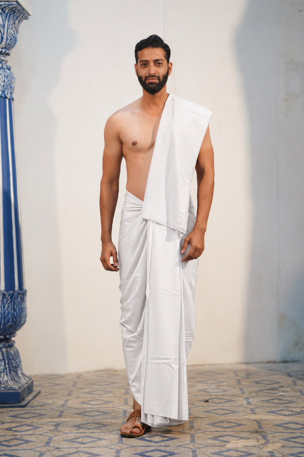 Man wearing a plain pure cotton white dhoti with matching khes