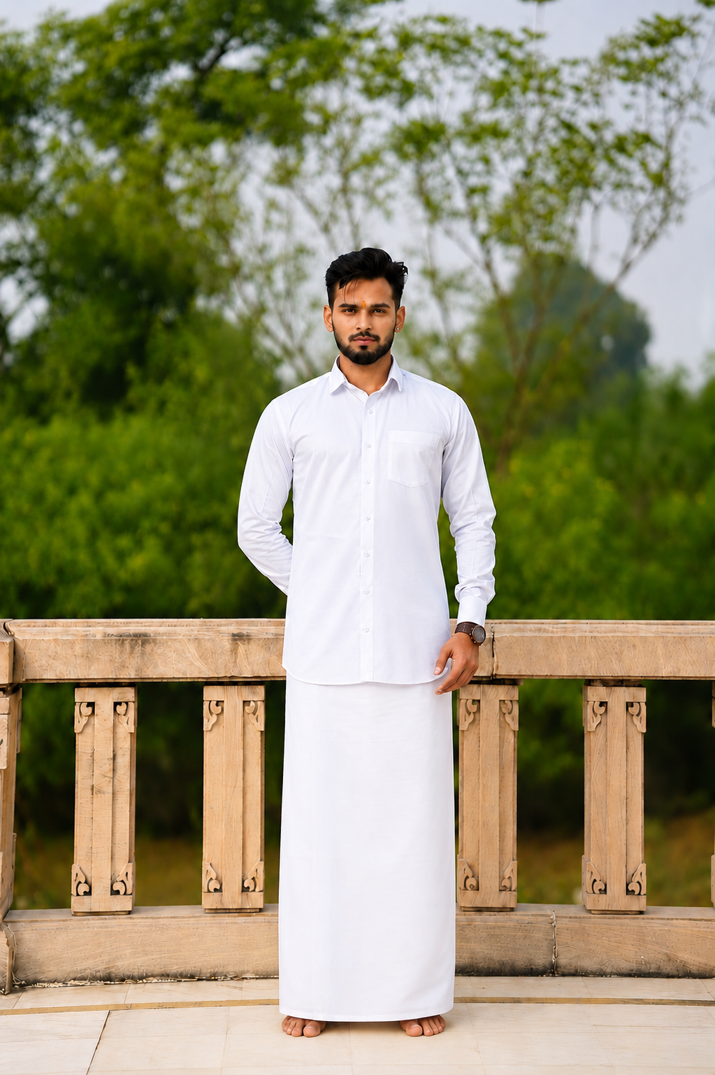 Man wearing a plain white dhoti and white shirt combo