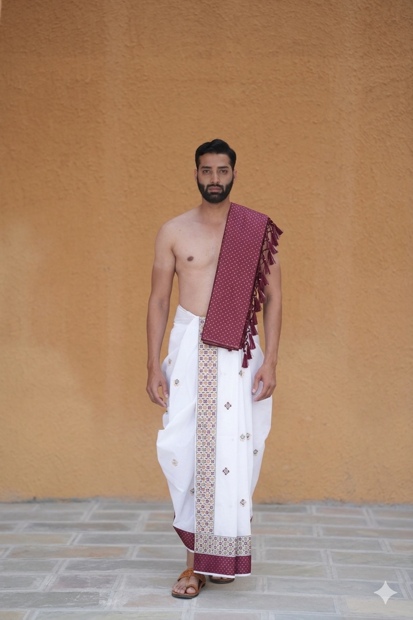 A man wearing a premium marron golden star & floral bordered dhoti with gamchha