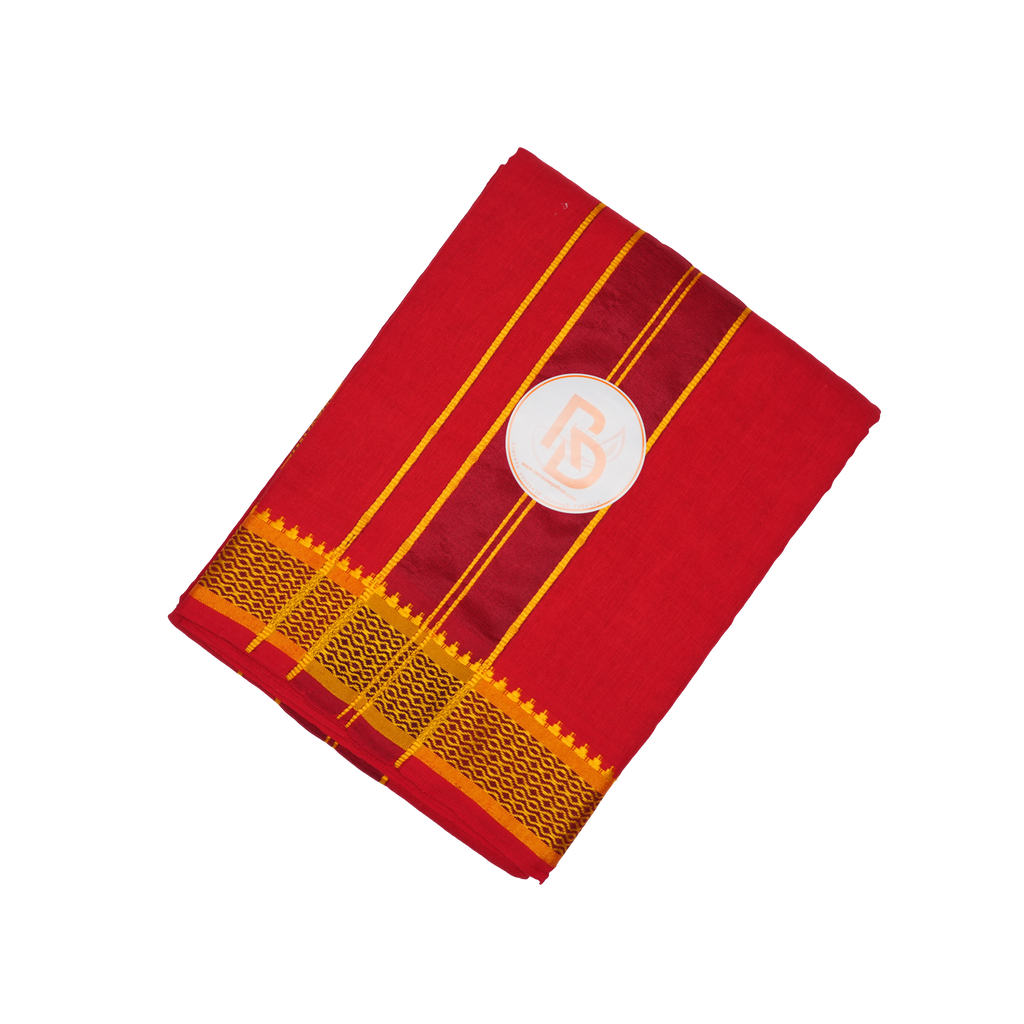 premium golden temple border red cotton dhoti set