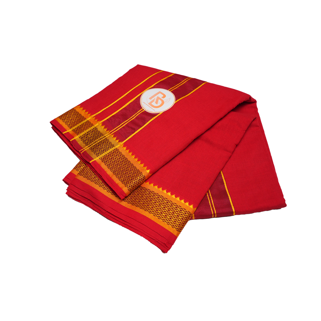 premium golden temple border red cotton dhoti set