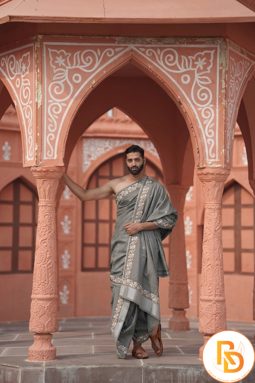 Man wearing a premium grey floral border dhoti with khes