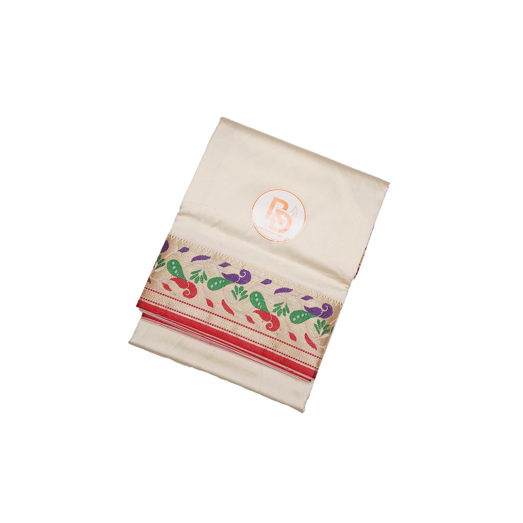 premium handloom peacock border artificial silk off white dhoti set