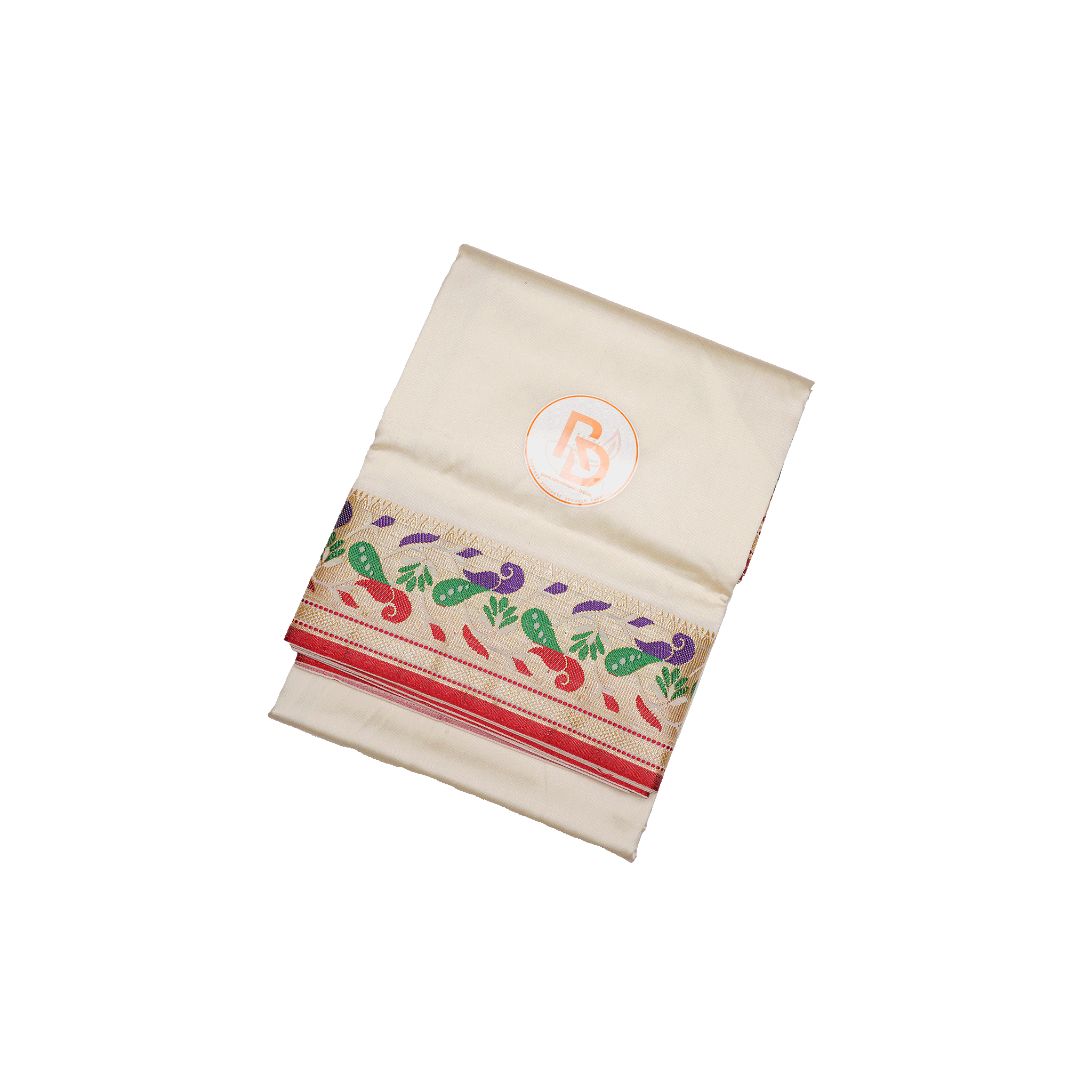 premium handloom peacock border artificial silk off white dhoti set
