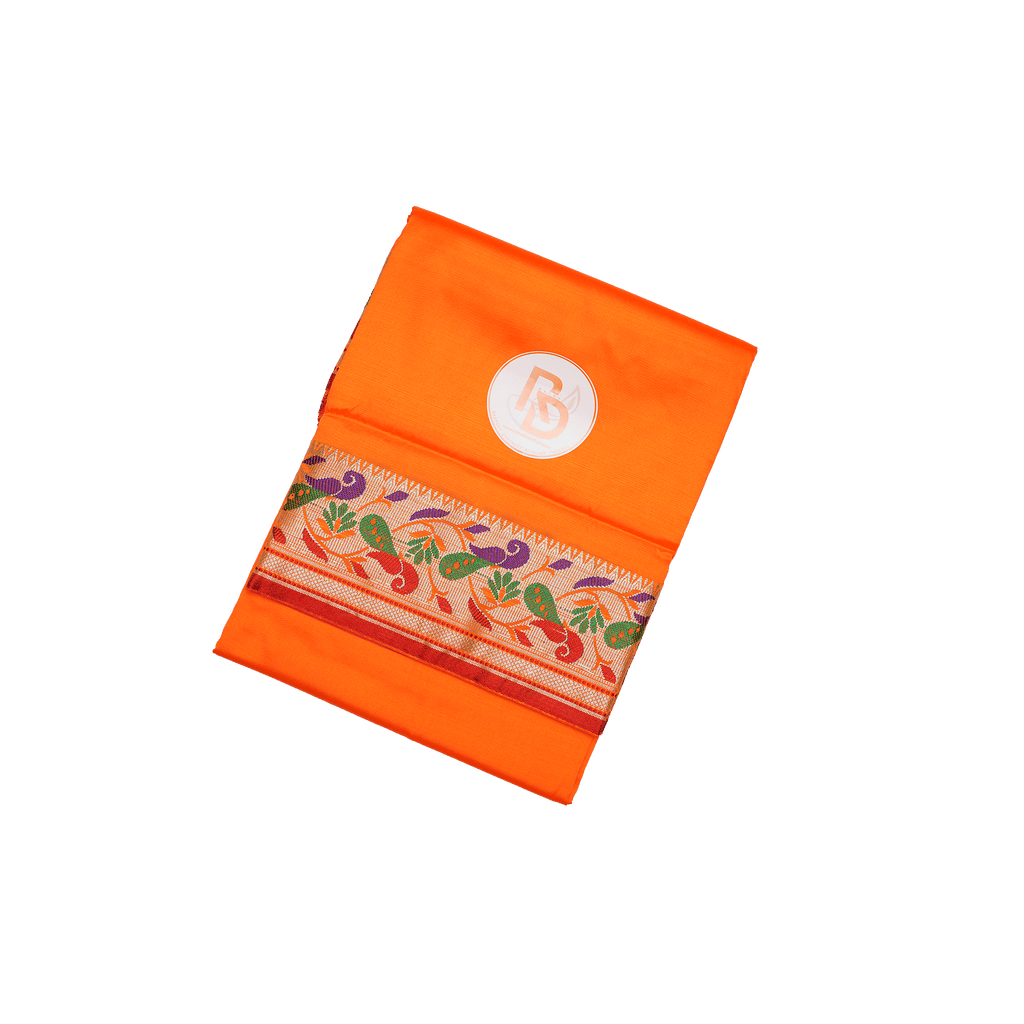 premium handloom peacock border artificial silk orange dhoti set