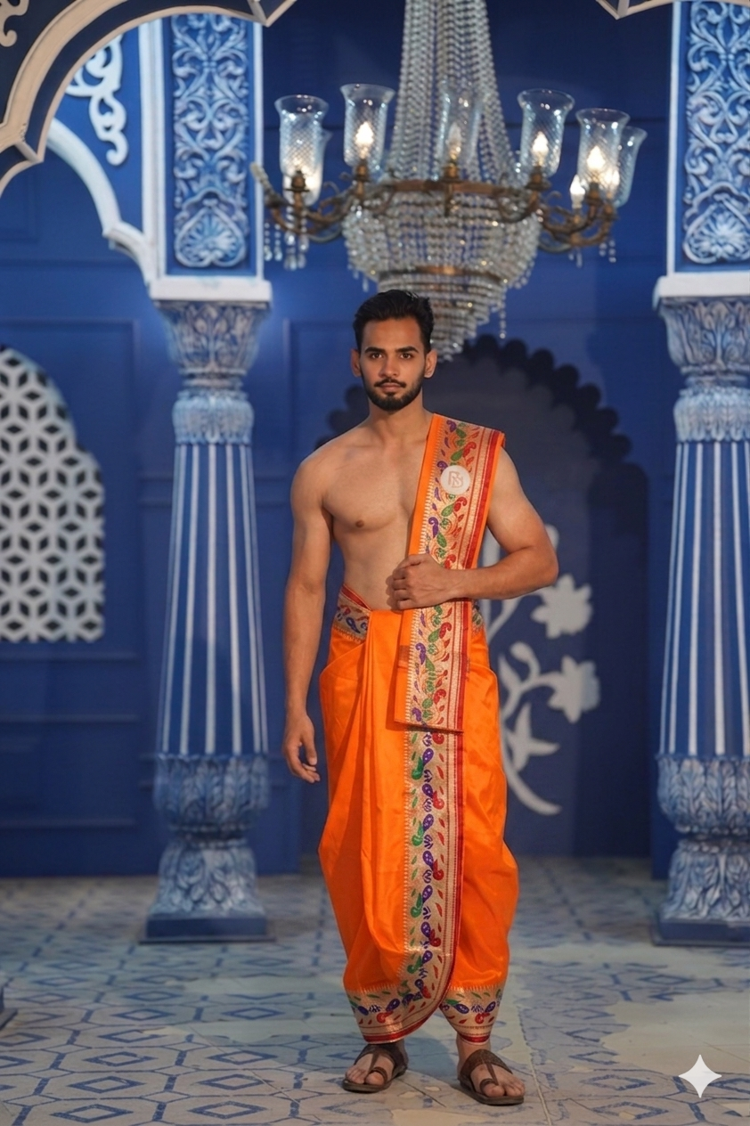 Man wearing a premium handloom peacock border orange artificial silk dhoti with uparana