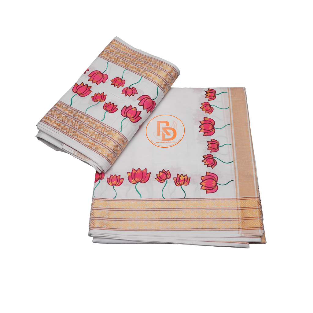White Cotton Dhoti Set with Golden Border & Lotus Floral Printed Design