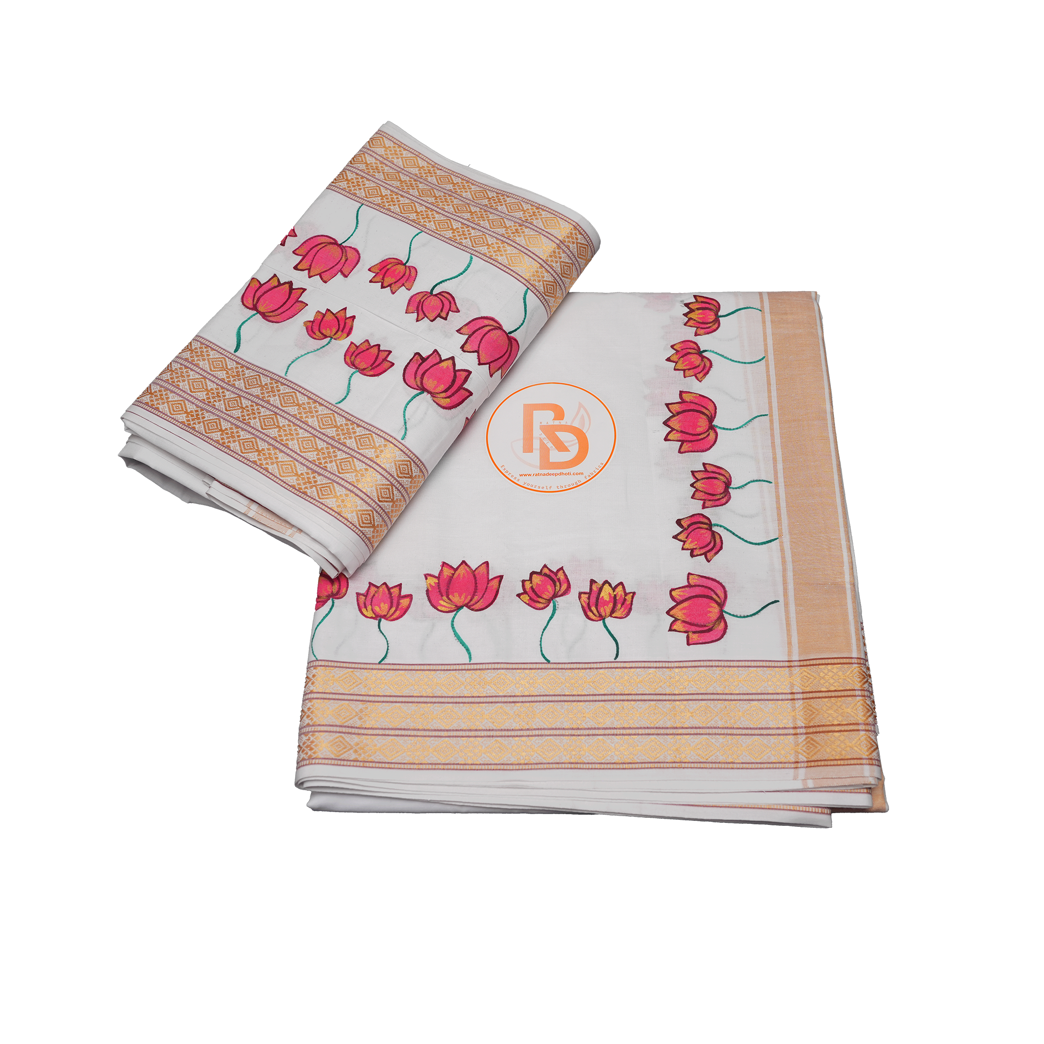 White Cotton Dhoti Set with Golden Border & Lotus Floral Printed Design