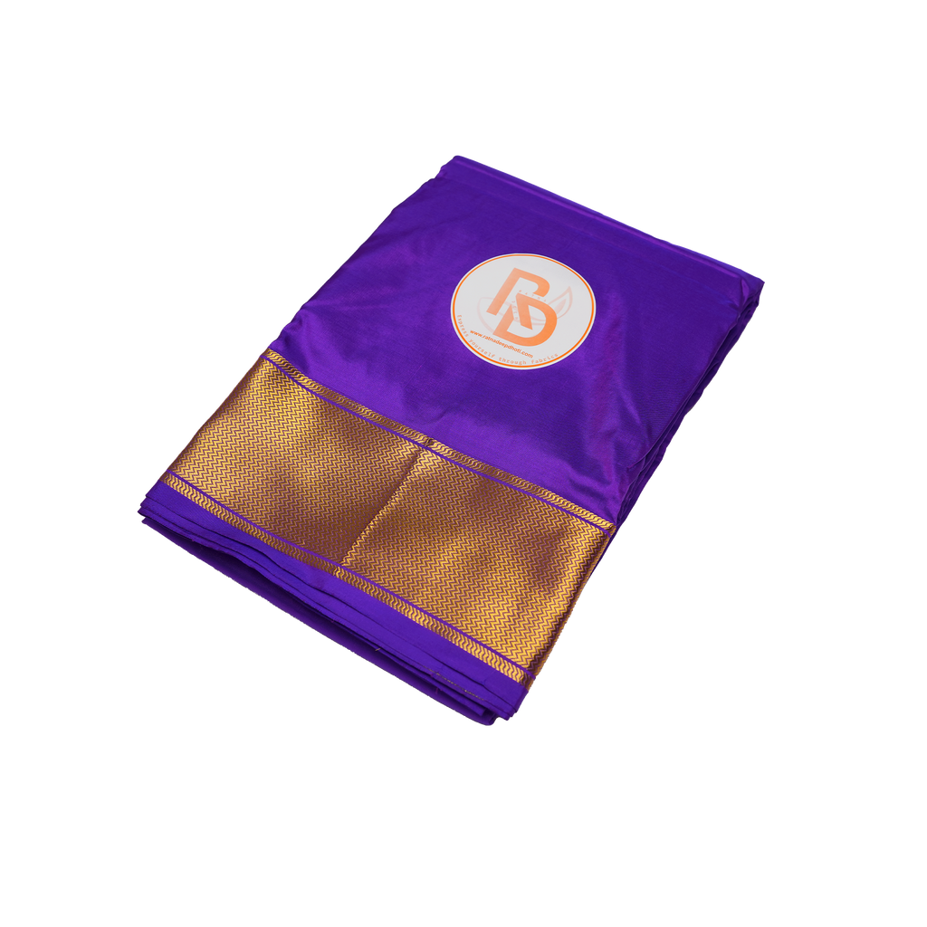 Premium pure silk purple cotton dhoti set with golden zari border