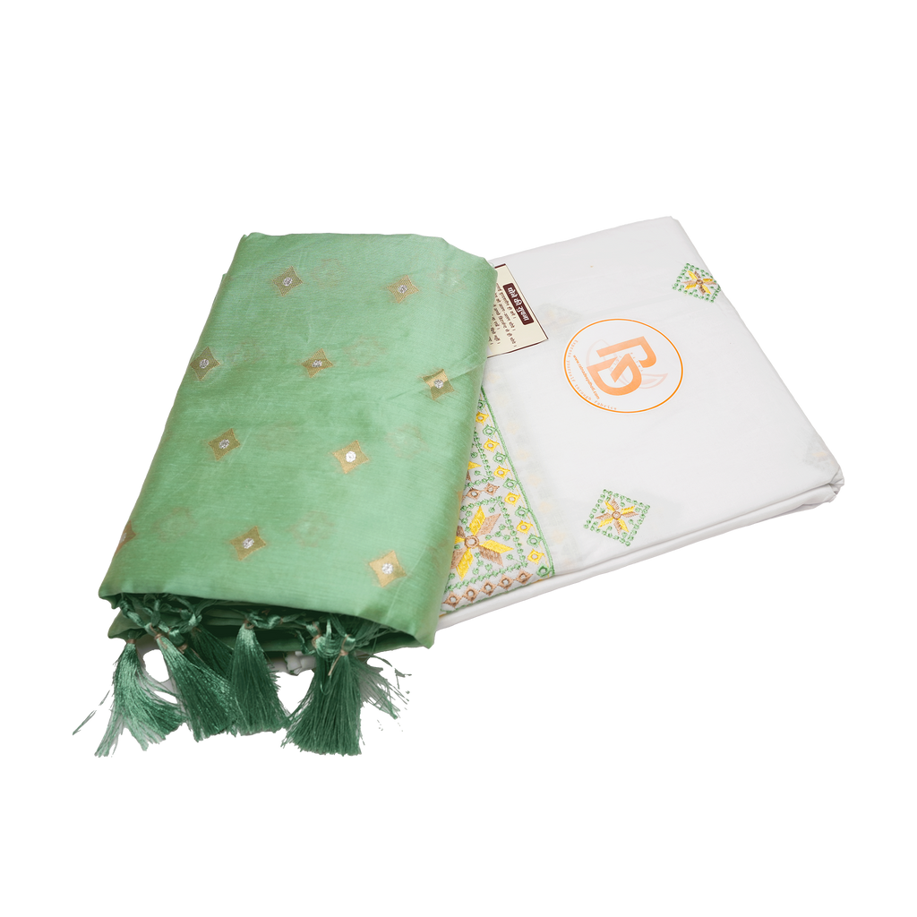 Mint green and floral embroidery bordered pure cotton dhoti set
