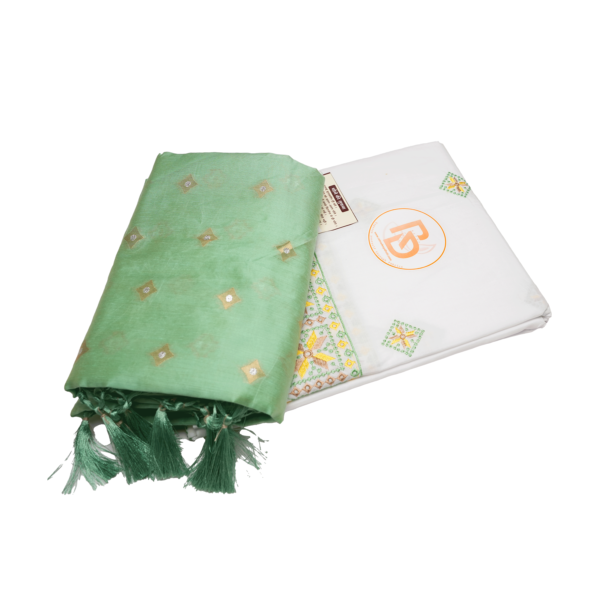 Mint green and floral embroidery bordered pure cotton dhoti set