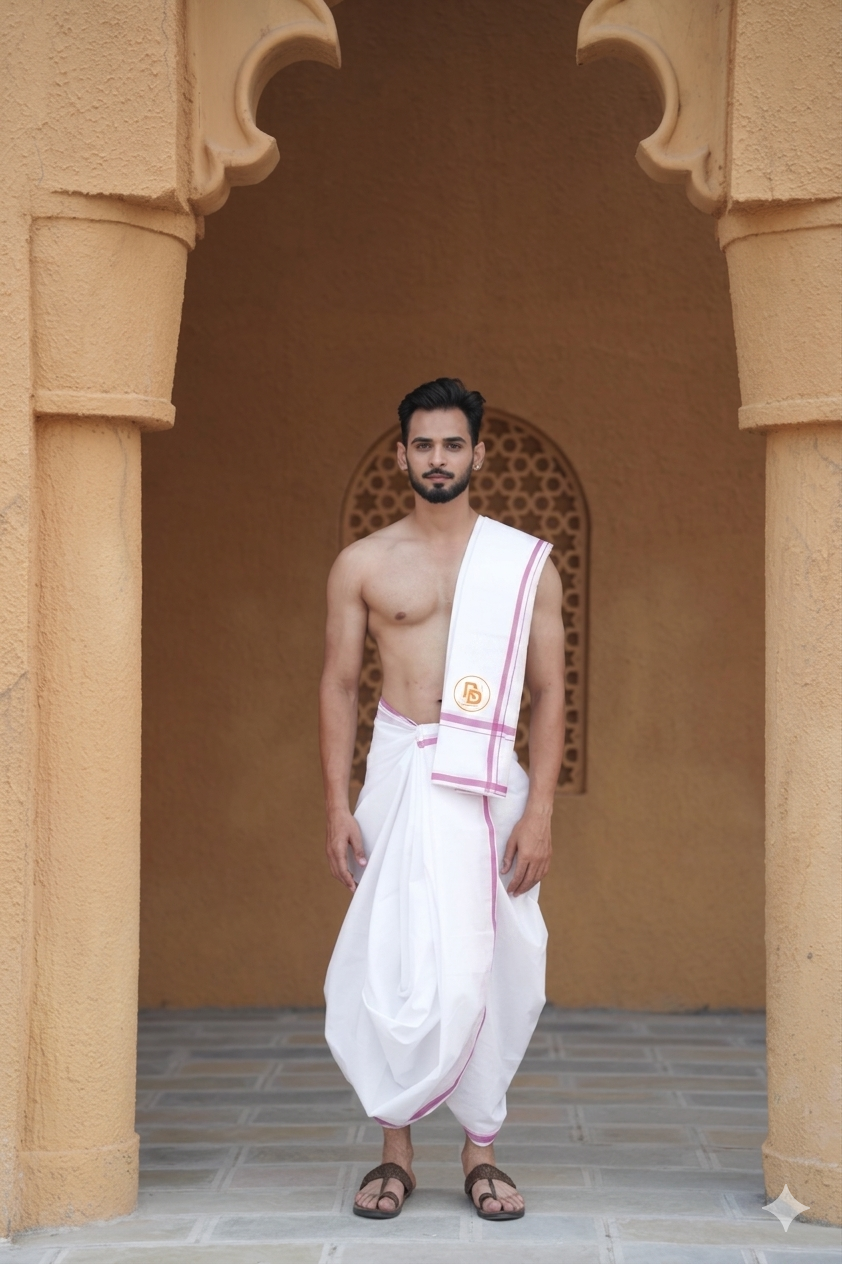 Man wearing a purple border white cotton dhoti with angavastram