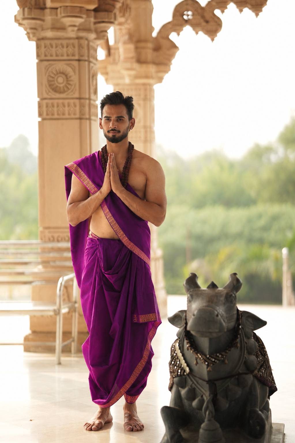Man wearing a purple pure silk dhoti with uparana