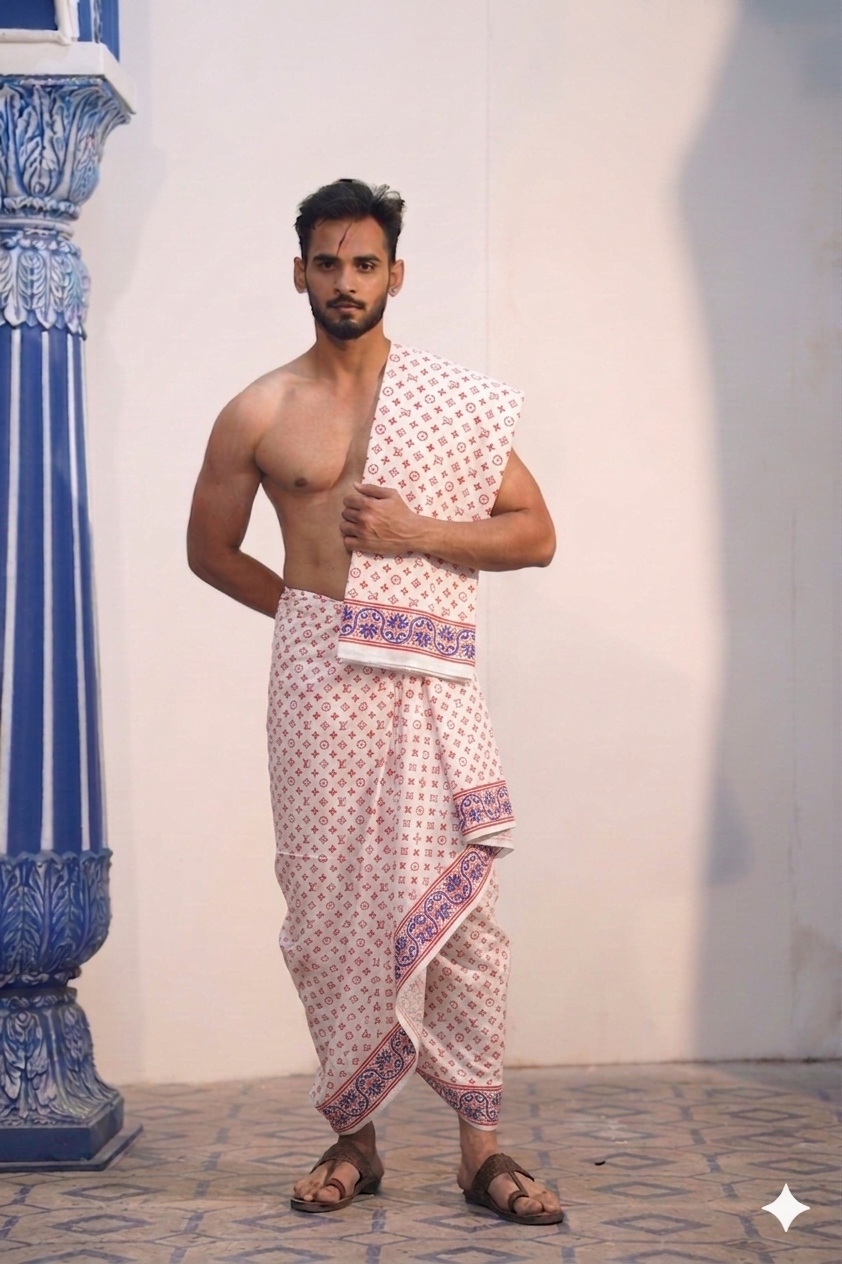 Man wearing a red and blue design border handprint cotton dhoti with khes