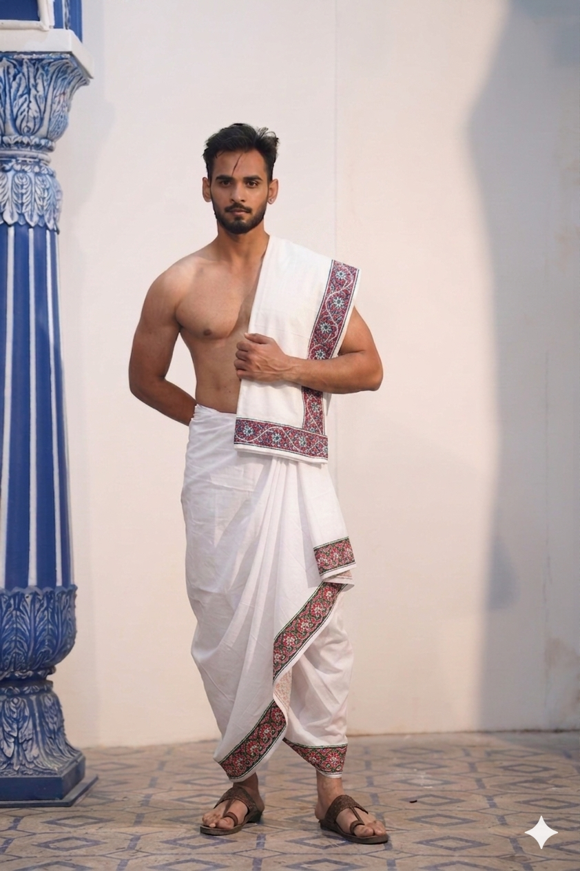 Man wearing a red and green floral border white cotton dhoti with gamcha