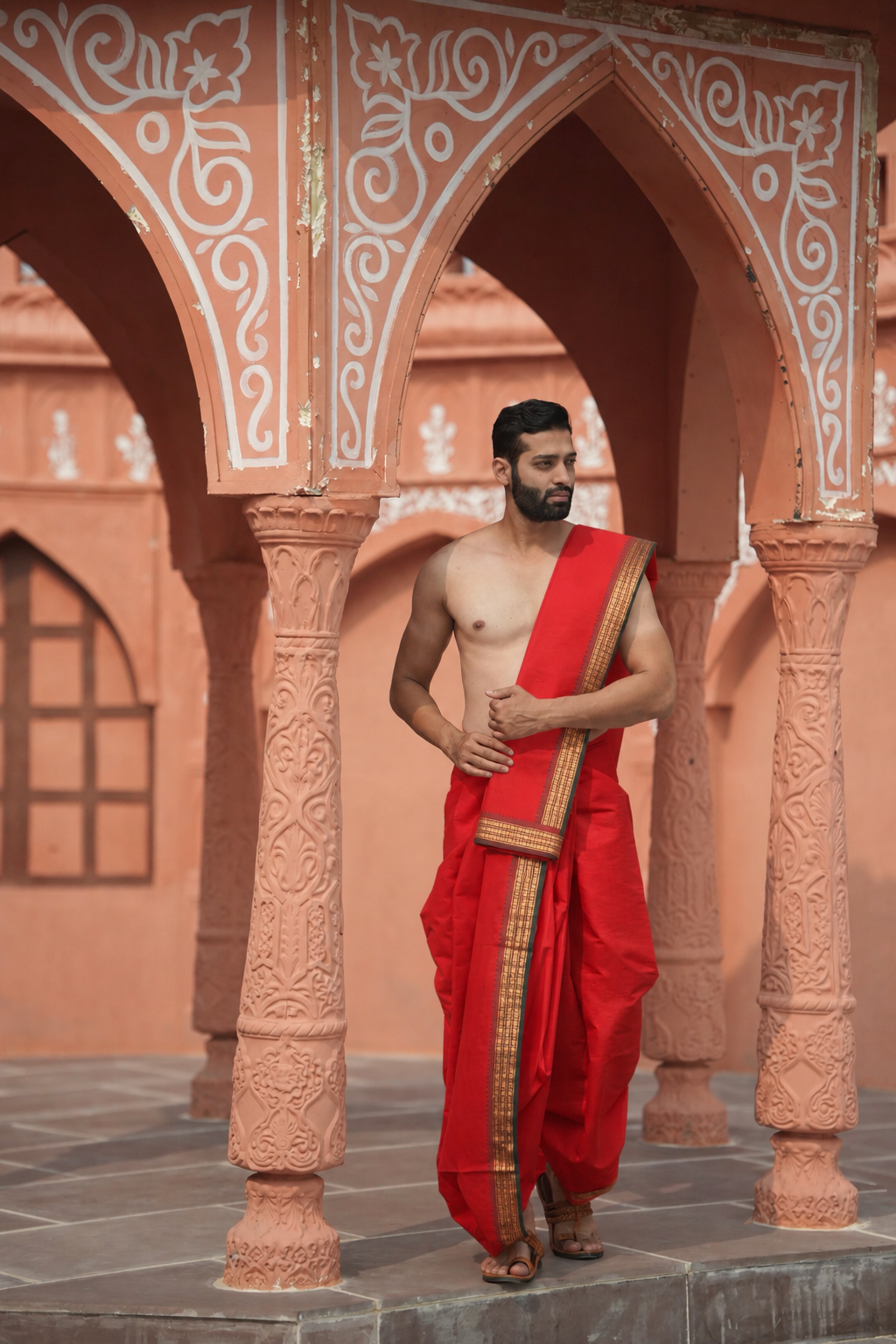 Man wearing a red bahubali dhoti with khes