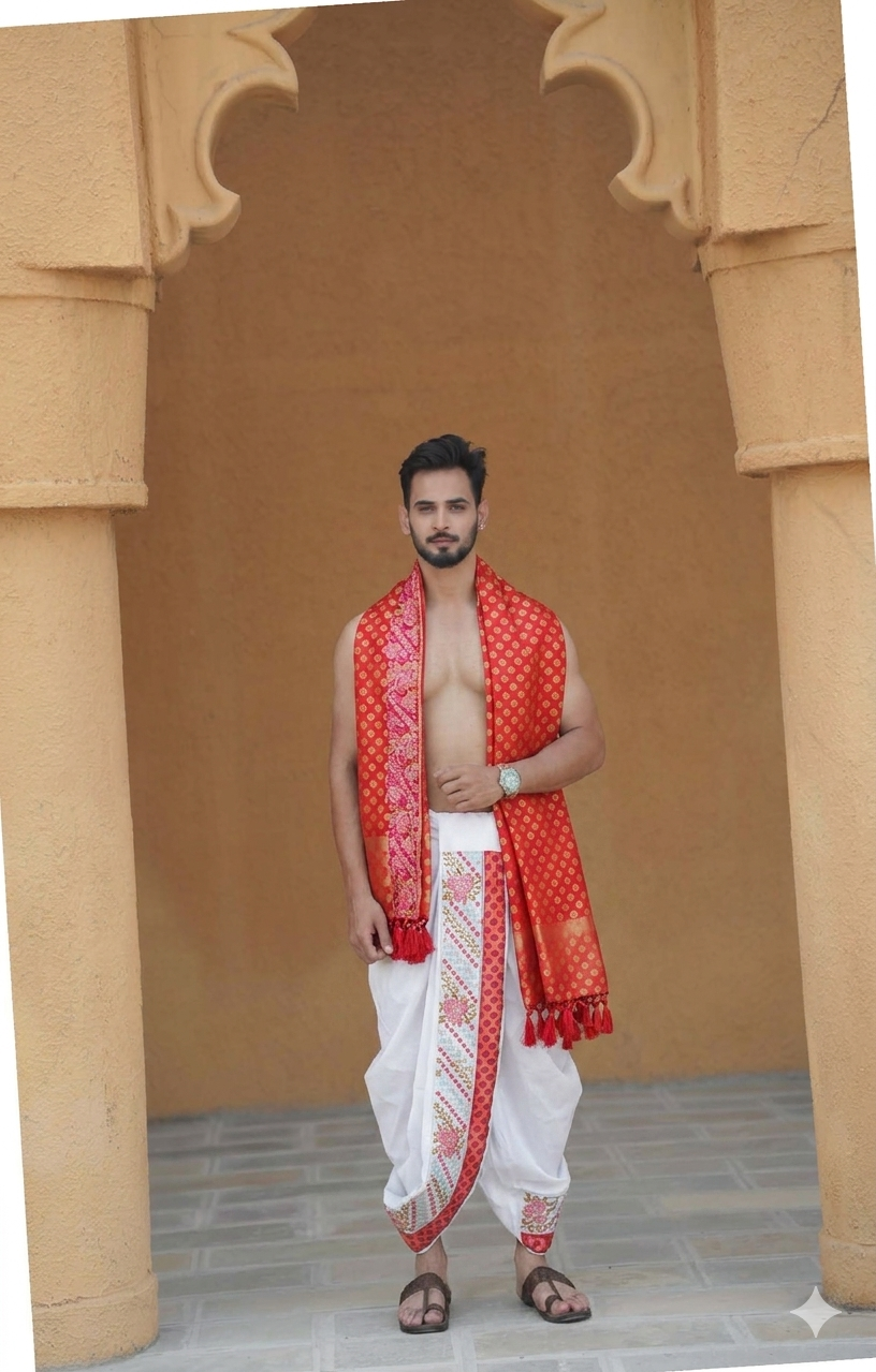 Man wearing a floral border white cotton dhoti with red gamcha