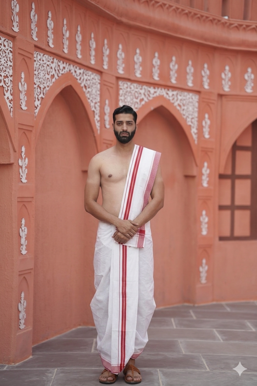Man wearing a red lining white cotton dhoti with uparana