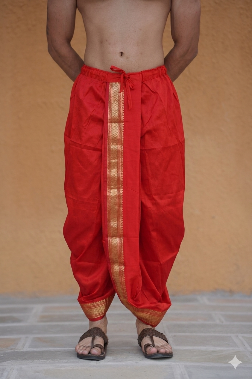 Man wearing a red readymade silk dhoti