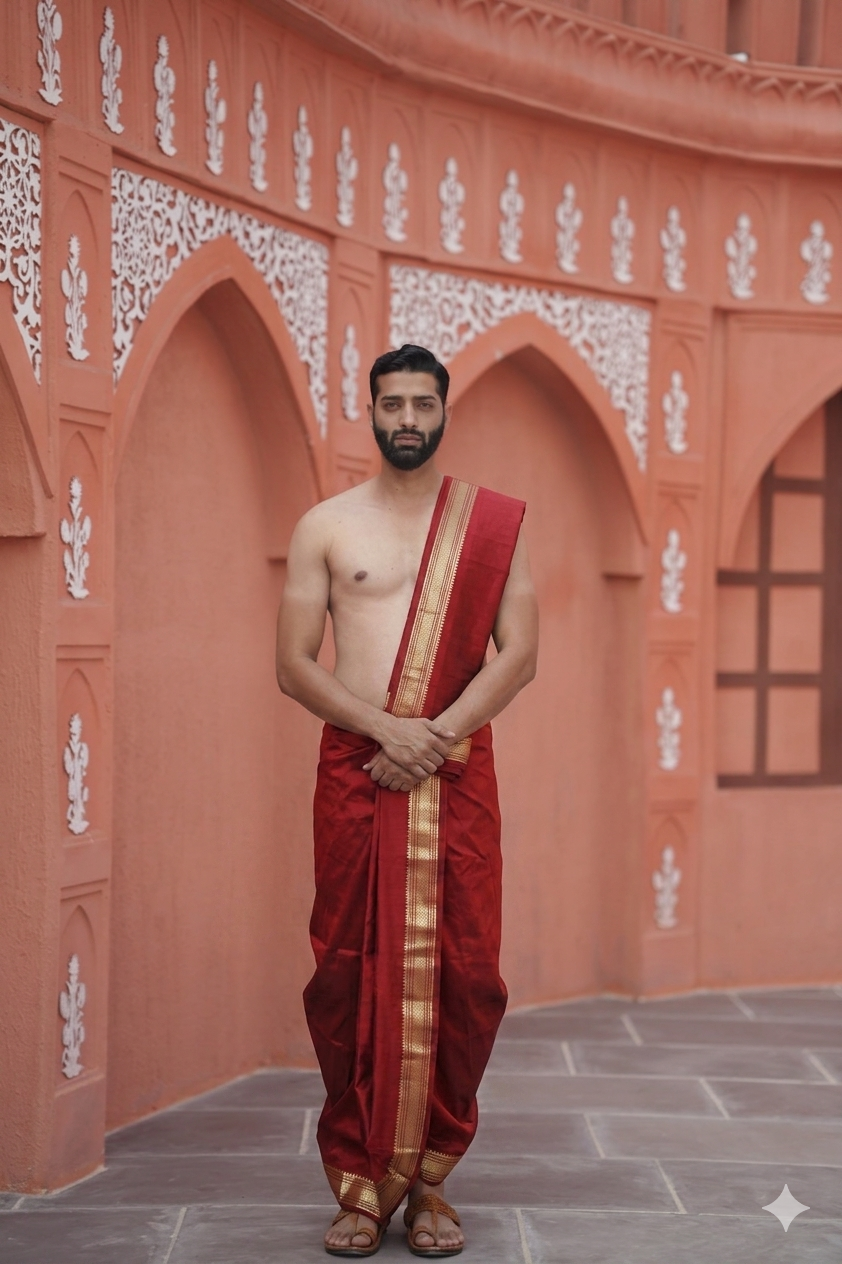 Man wearing a red silk kasab border arificial silk dhoti with uparana