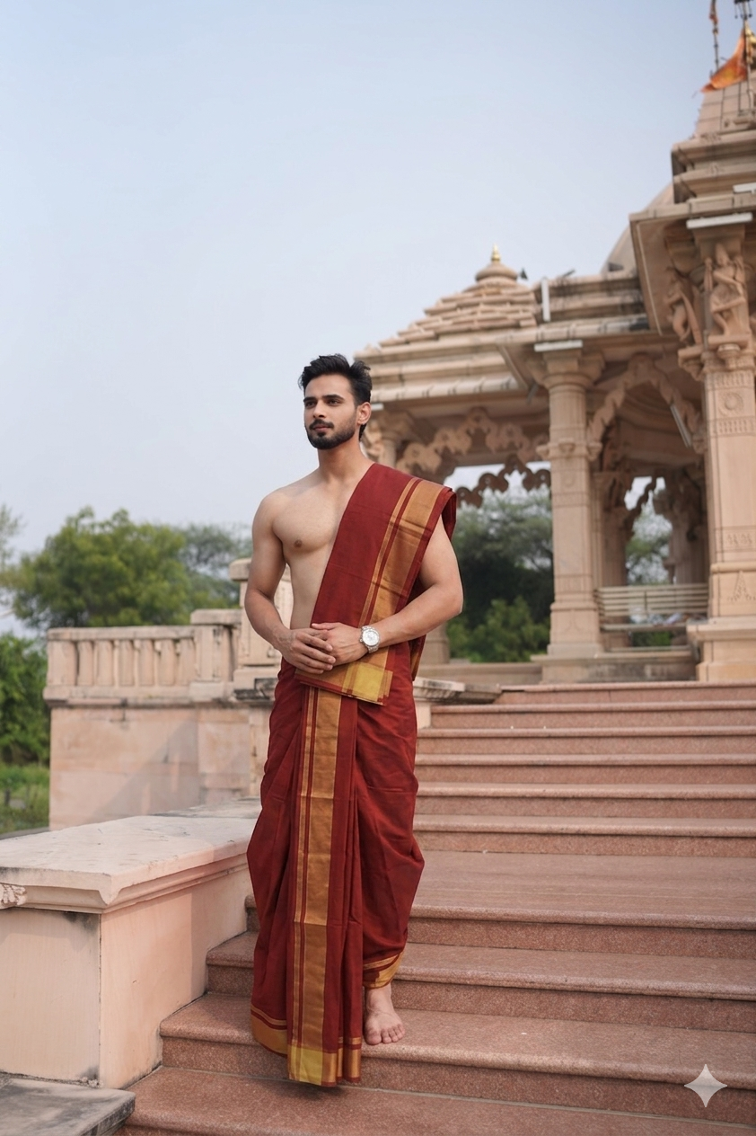 Man wearing a royal gold edition maroon cotton dhoti with uparana
