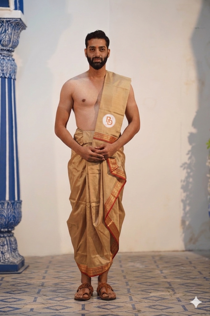 Man wearing a rudraksh border artificial silk brown dhoti with matching khes