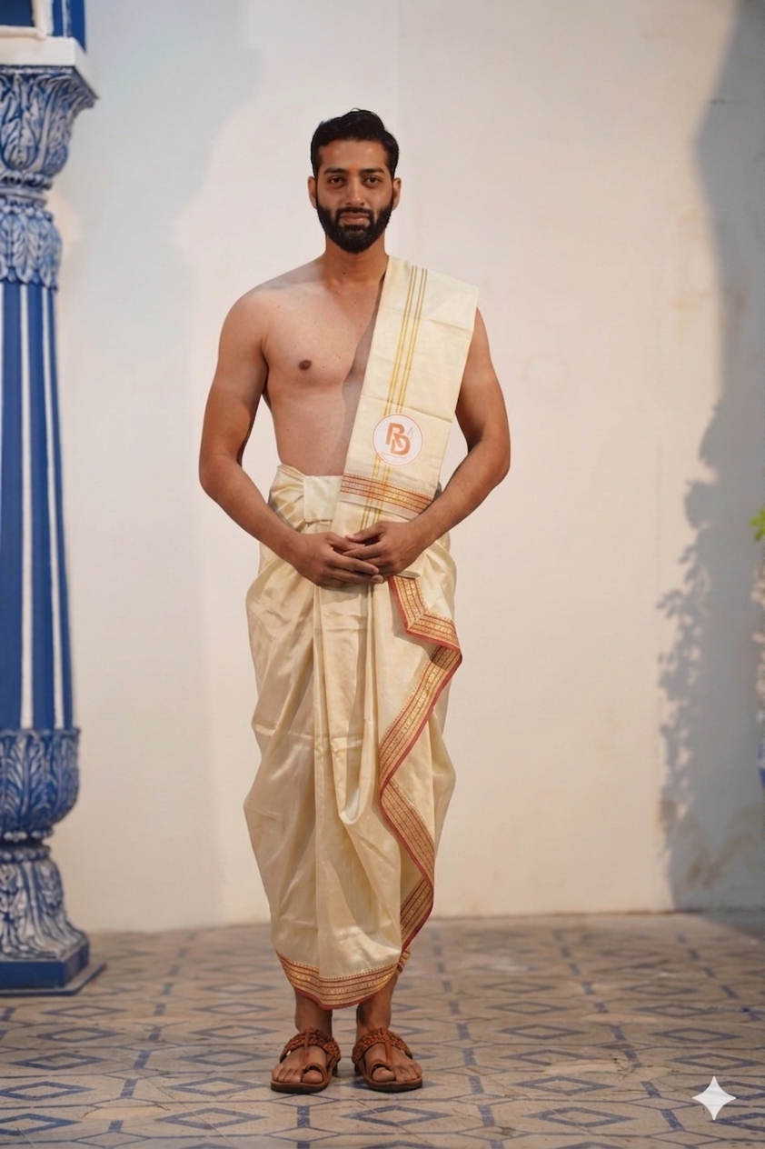 Man wearing a rudraksh border artificial silk cremish dhoti with uparana