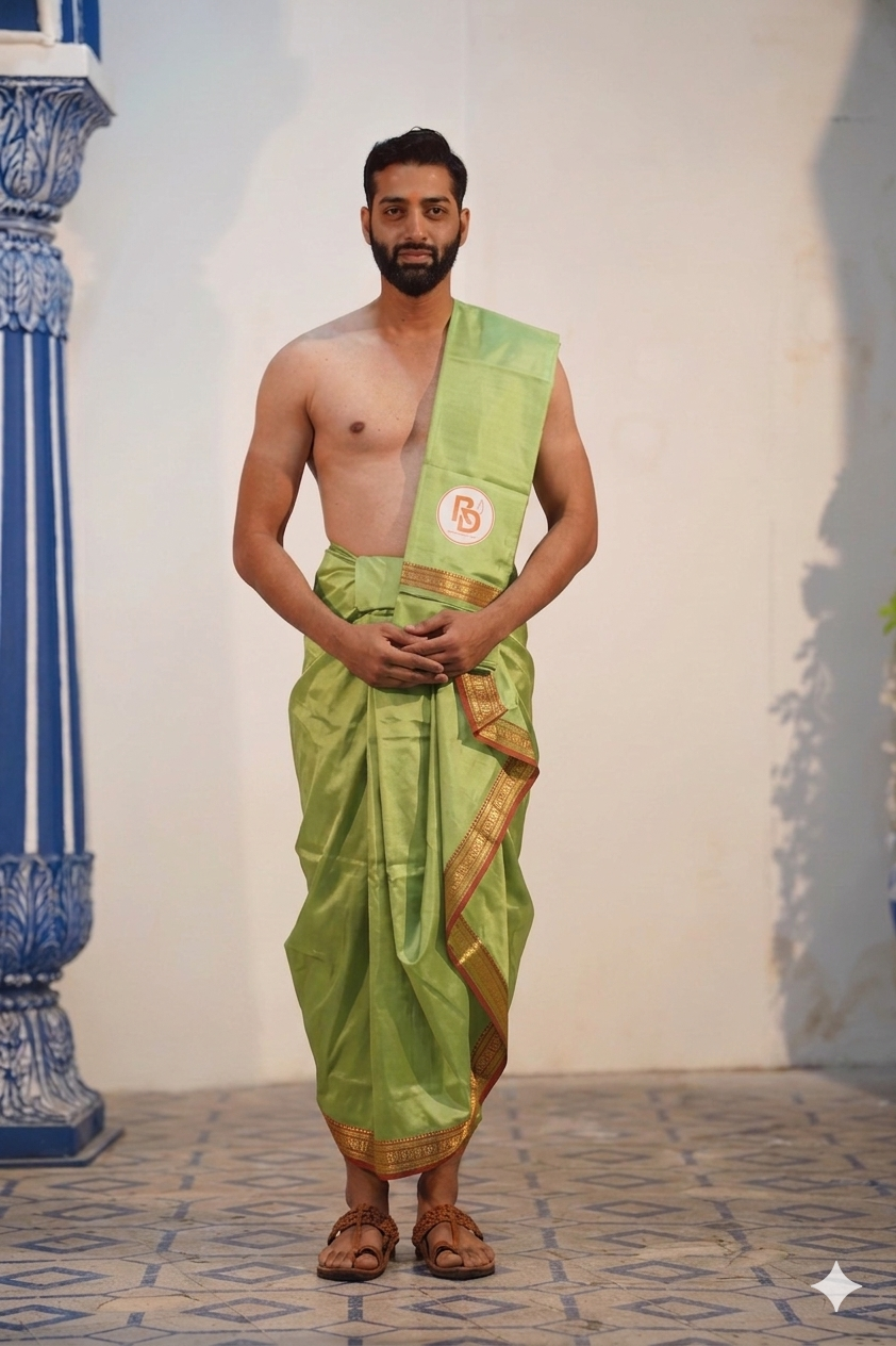 Man wearing a rudraksh border artificial silk light green dhoti with uparana