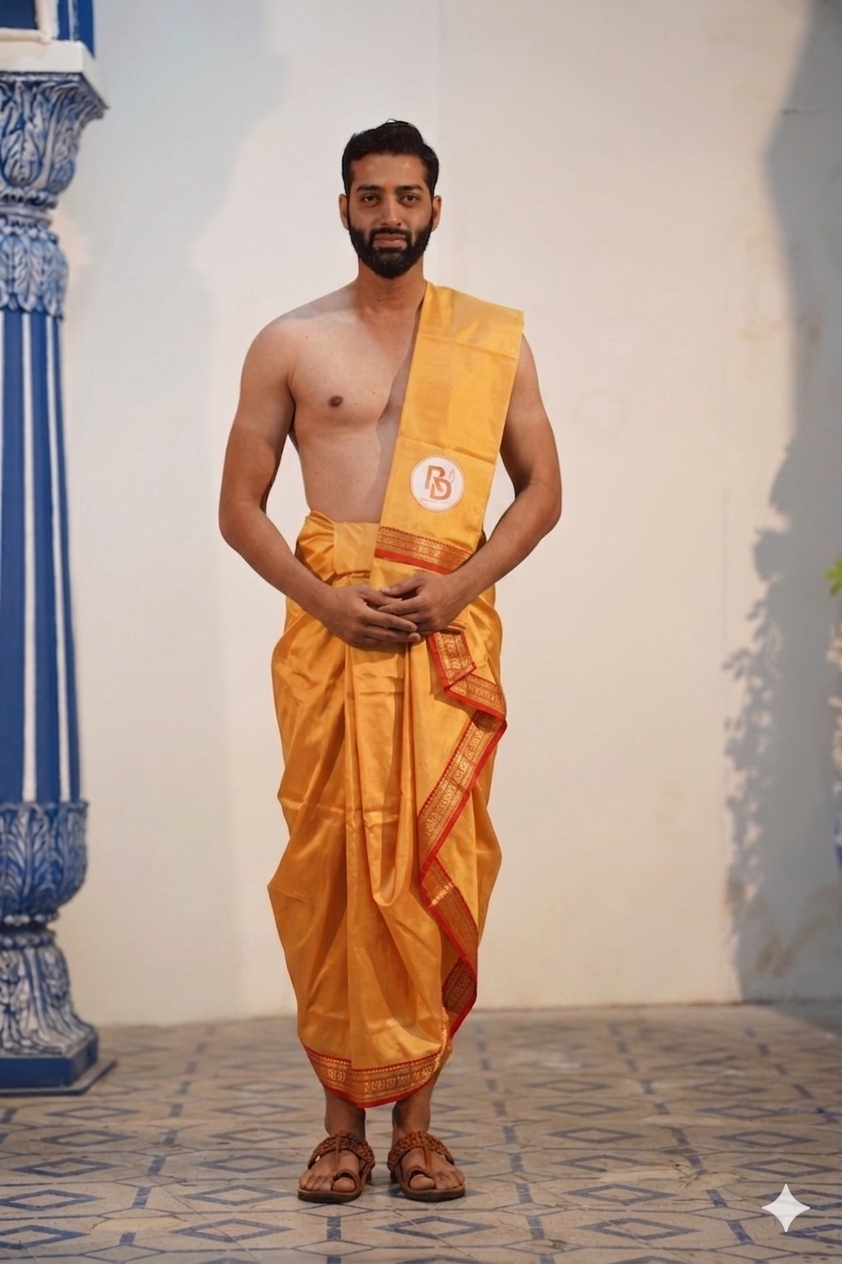 Man wearing a rudraksh border artificial silk light orange dhoti with matching khes