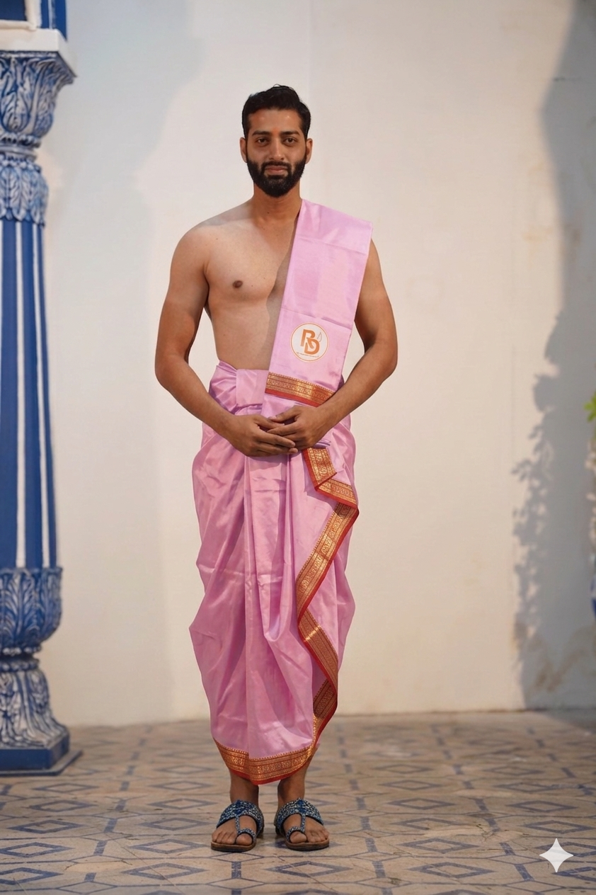 Man wearing a rudraksh border artificial silk light pink dhoti with matching khes