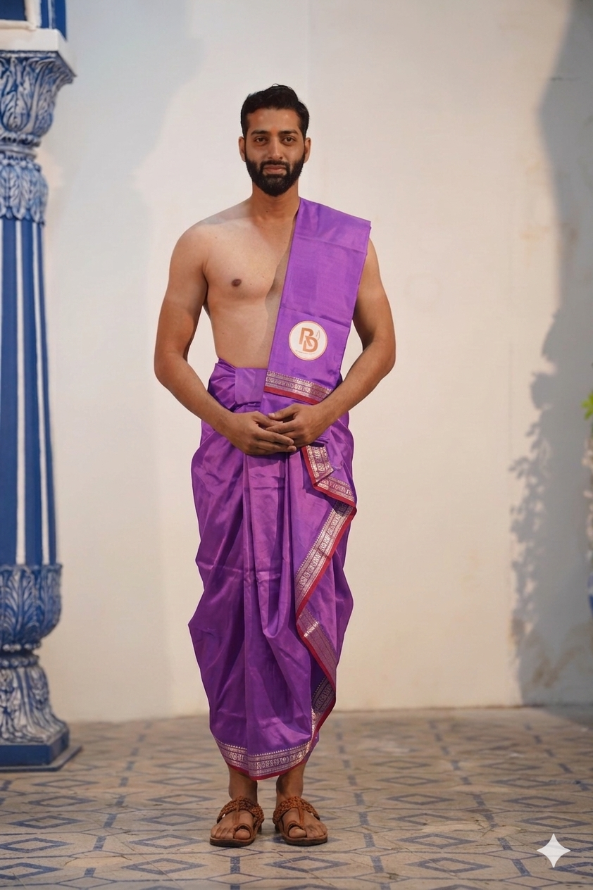 Man wearing a rudraksh border artificial silk light purple dhoti with matching khes