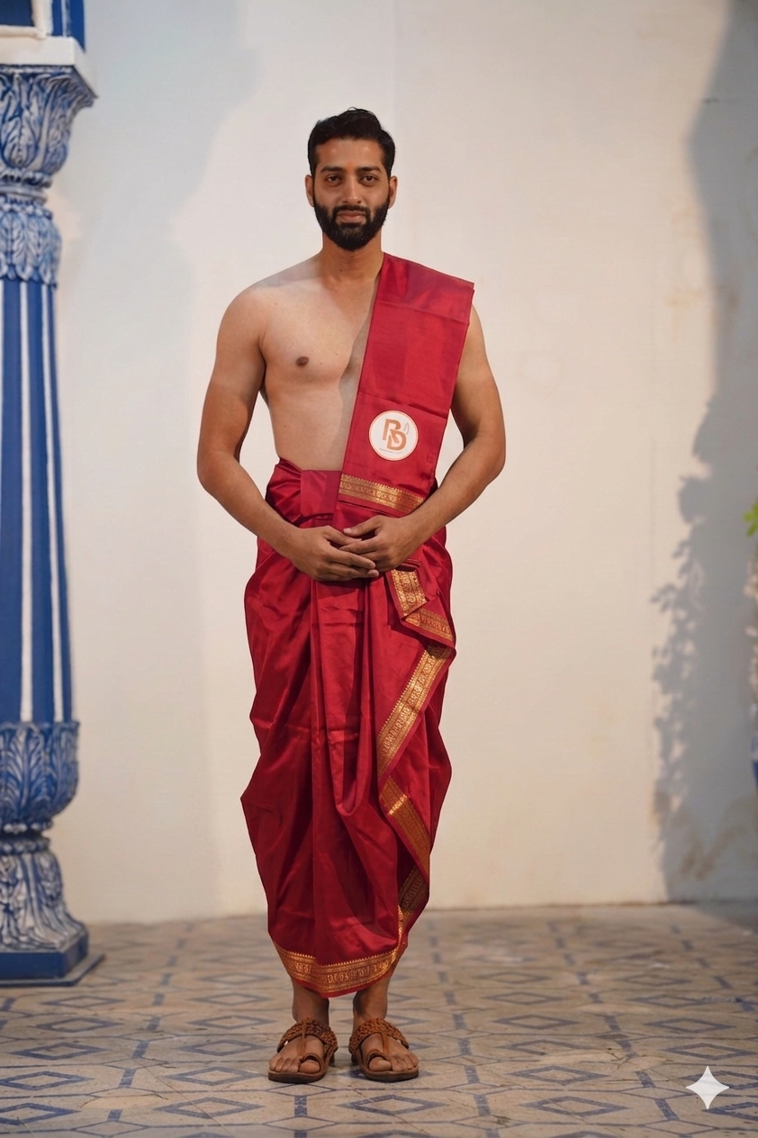 Man wearing a rudraksh border artificial silk maroon dhoti with matching khes