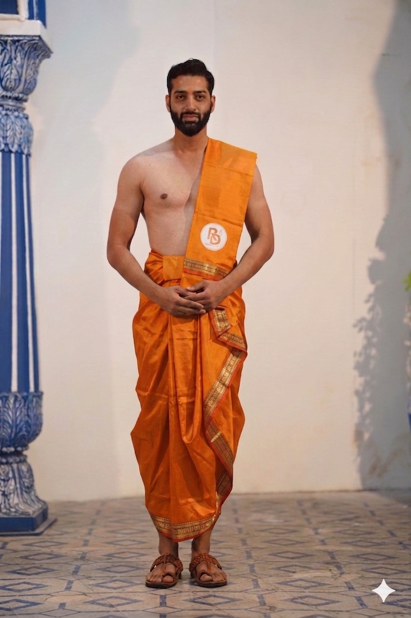 Man wearing a aesthetic rudraksh border artificial silk orange dhoti with uparana