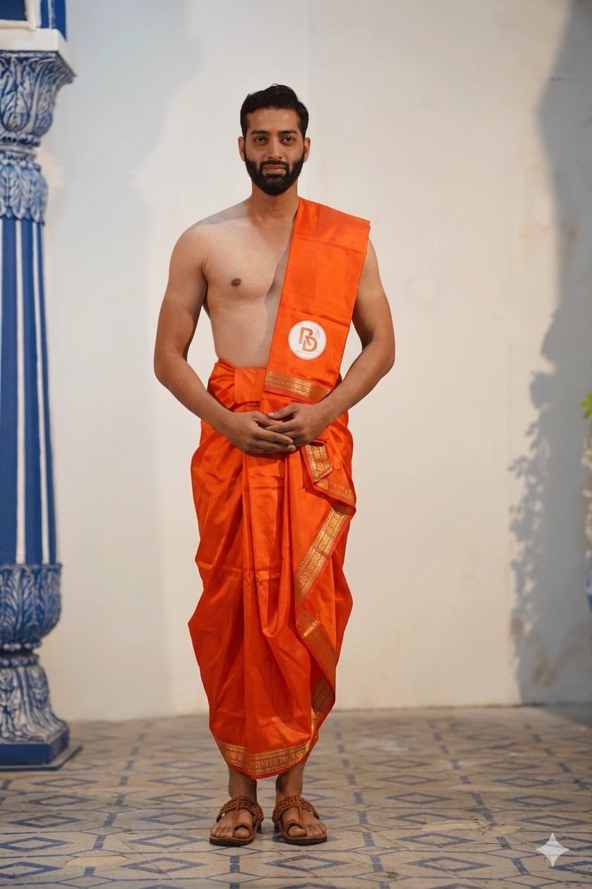 Man wearing a rudraksh border artificial silk orange dhoti with uparana