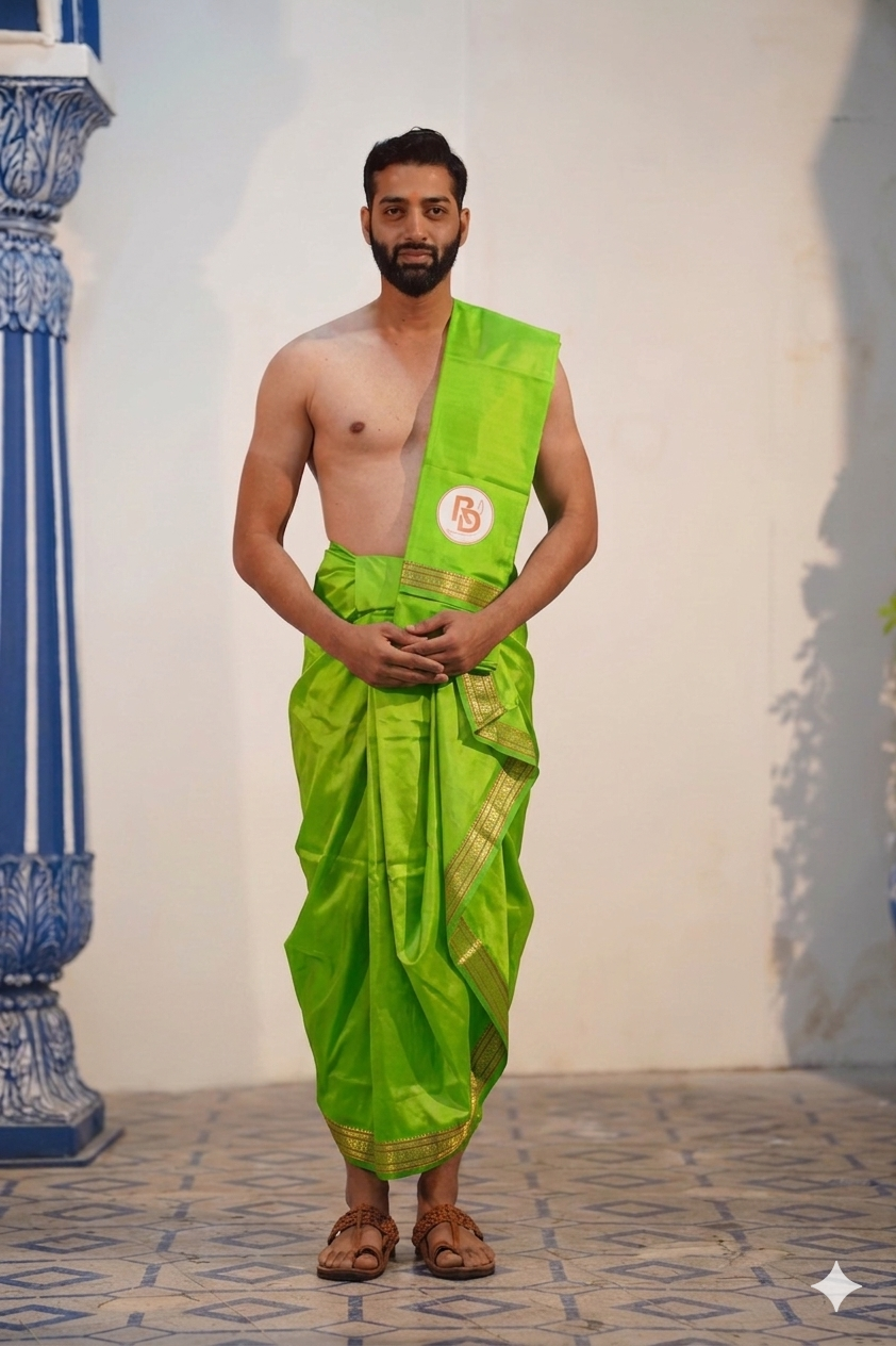 Man wearing a rudraksh border artificial silk parrot green dhoti with uparana