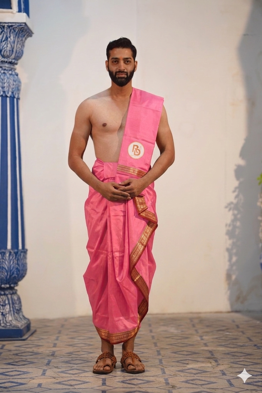 Man wearing a rudraksh border artificial silk pink dhoti with matching khes