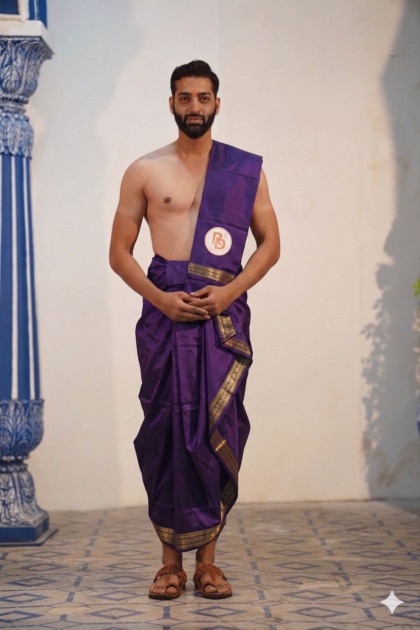 Man wearing a aesthetic rudraksh border artificial silk purple dhoti with uparana