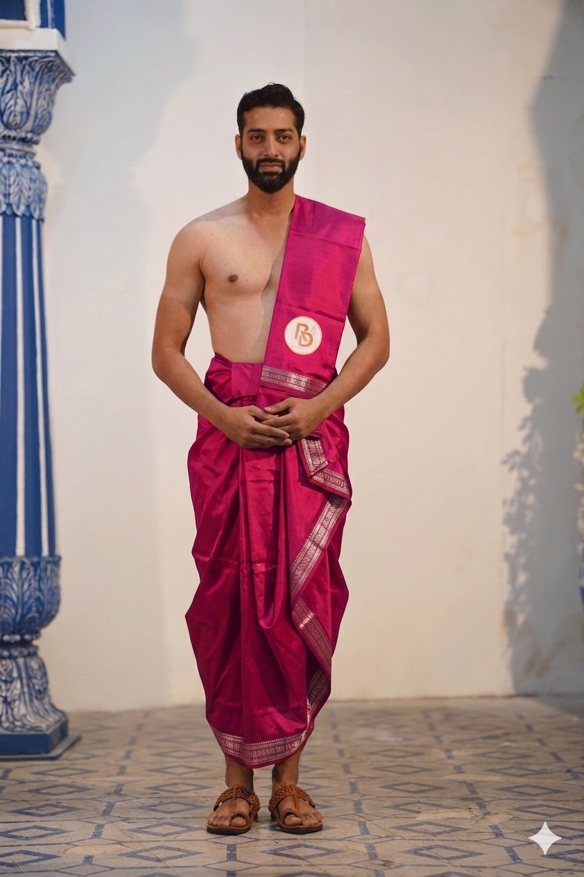 Man wearing a rudraksh border artificial silk rani pink dhoti with uparana