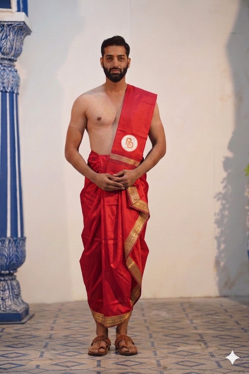 Man wearing a aesthetic rudraksh border artificial silk red dhoti with uparana