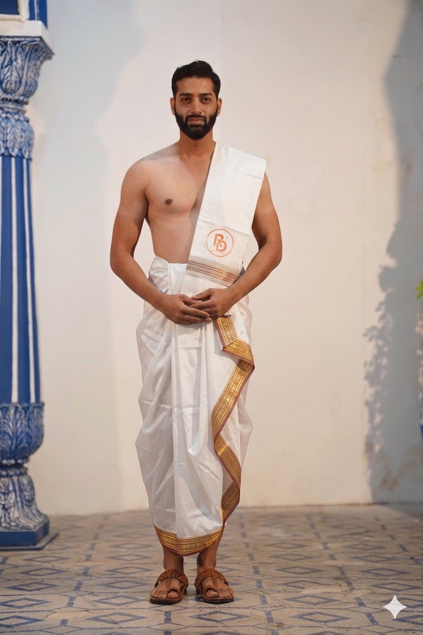 Man wearing a aesthetic rudraksh border artificial silk white dhoti with uparana