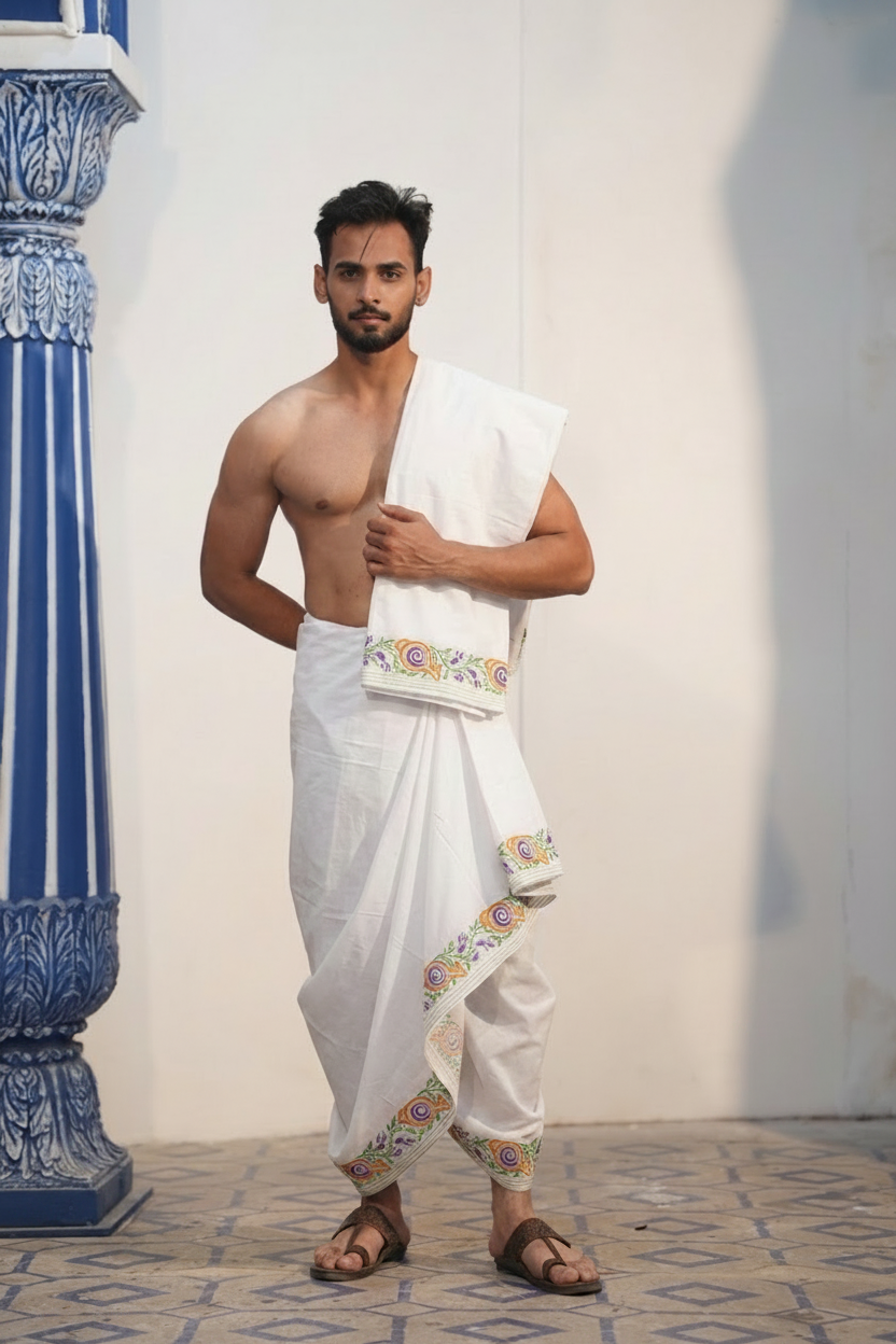 Man wearing a shankh design border pure cotton white dhoti with uparana