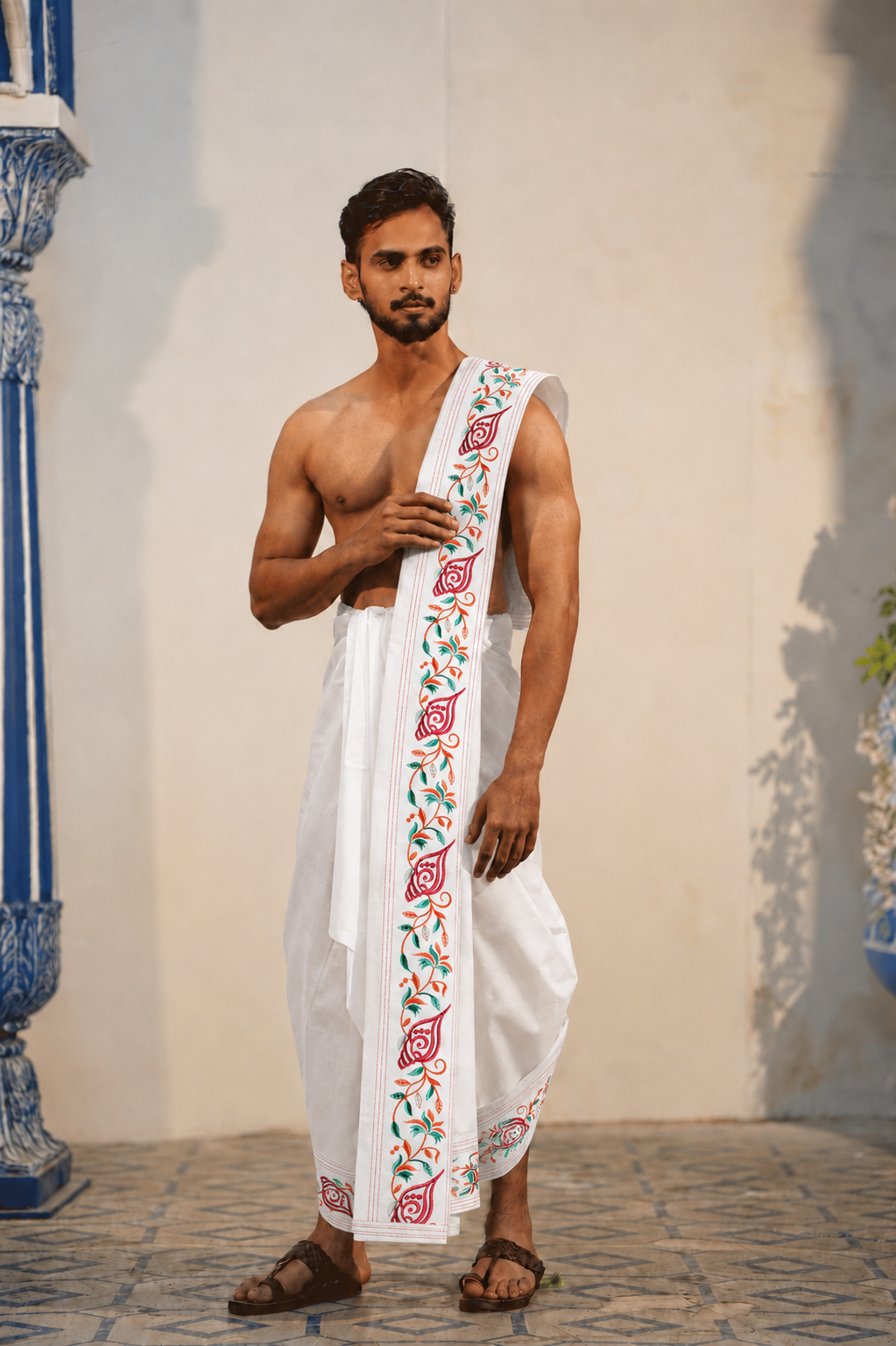Man wearing a shell design border cotton dhoti with khes