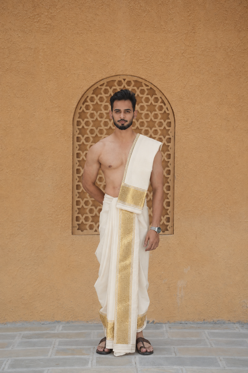 Man wearing a simple border elegant pure silk dhoti with matching uparana