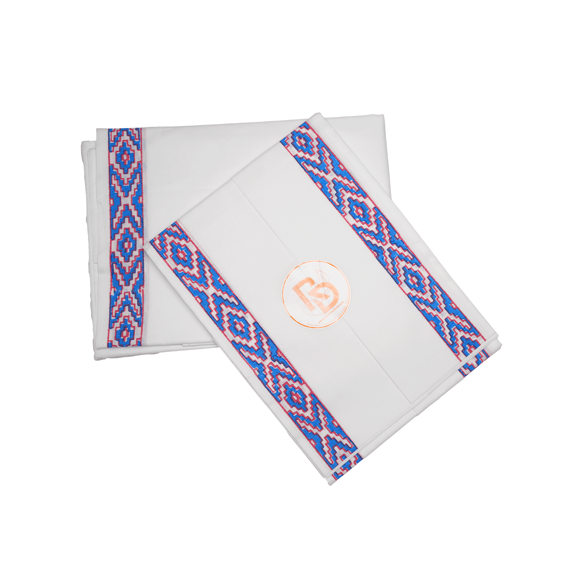 Sky blue & red geometric woven bordered white cotton dhoti with uparana