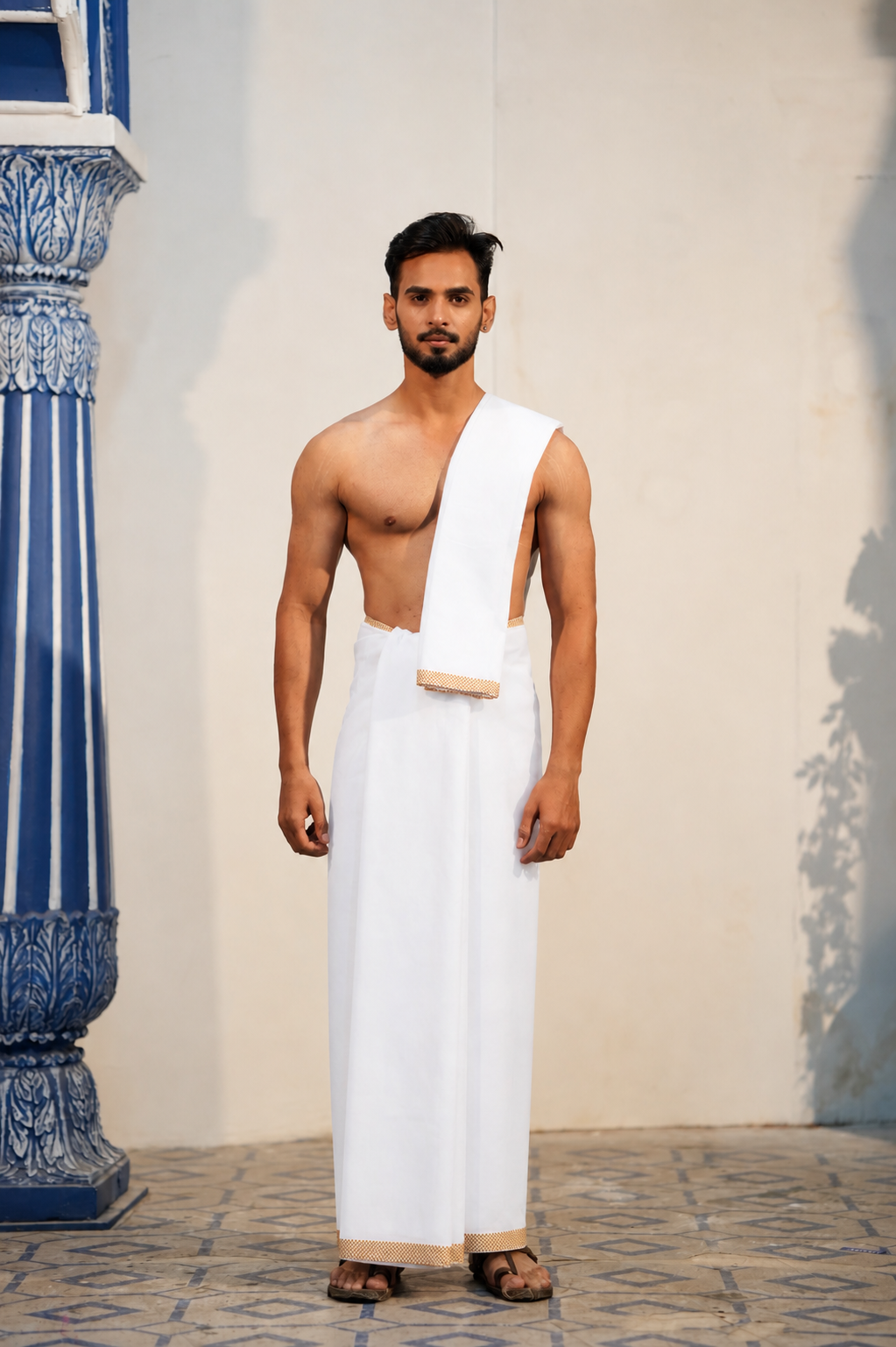 Man wearing a small square pattern bronze border white cotton dhoti with matching khes