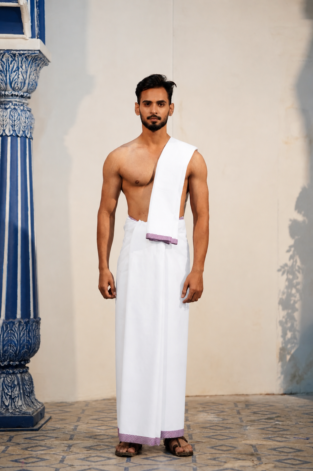 Man wearing a small square pattern purple border white cotton dhoti with matching khes