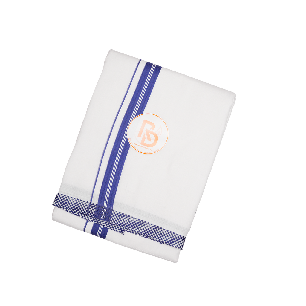 small square woven blue border white cotton dhoti set