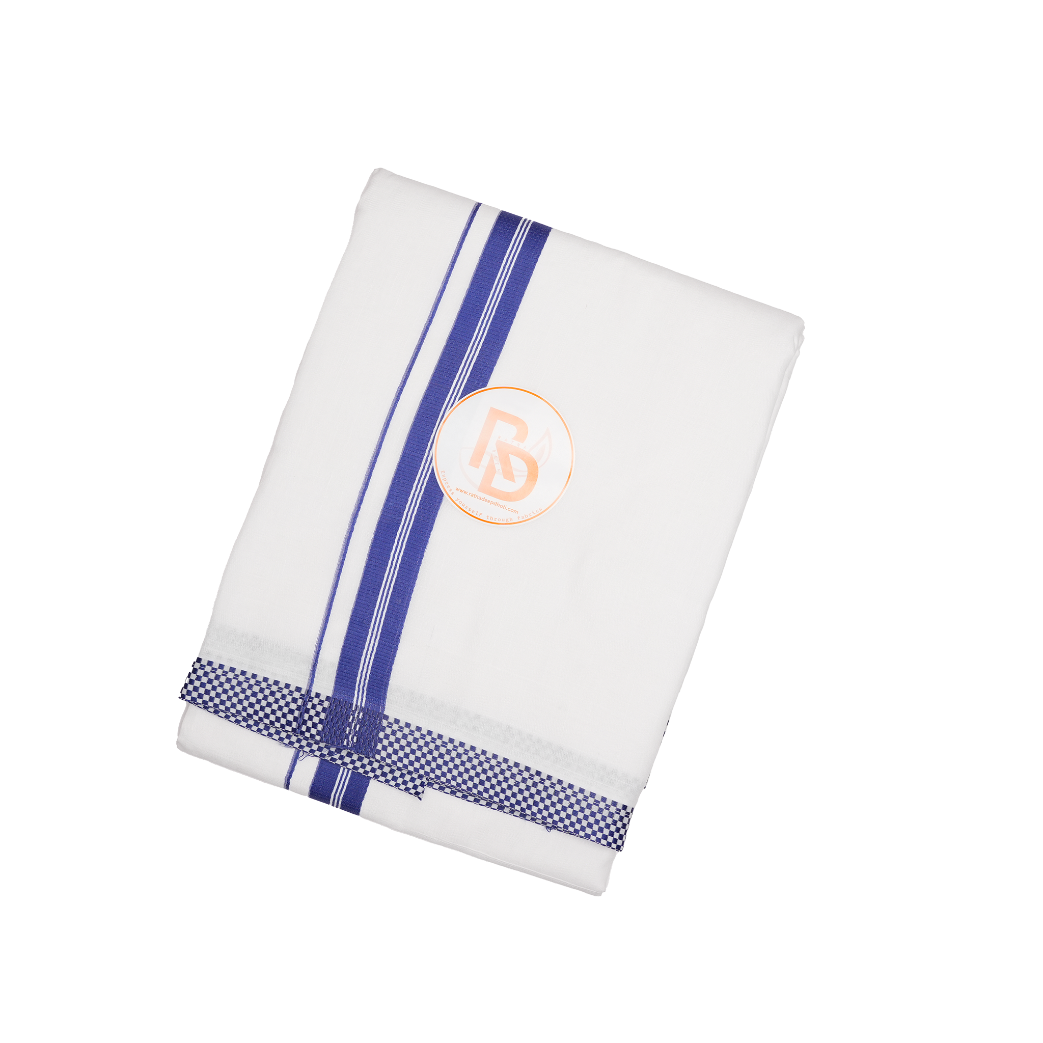 small square woven blue border white cotton dhoti set