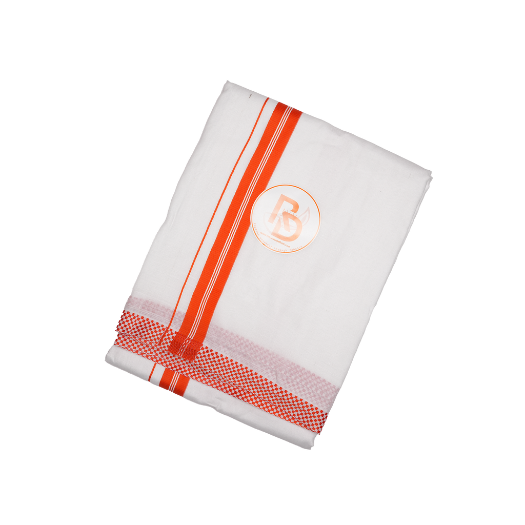 small square woven orange border white cotton dhoti set